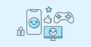 Illustration of digital devices and icons, including a happy face on a phone, an angry face on a computer screen, a game controller, a thumbs-up, a star, and a lock.