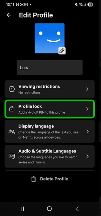 Netflix managing a profile - profile lock