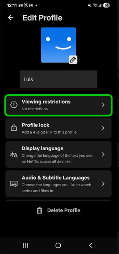 Netflix managing a profile - viewing restrictions