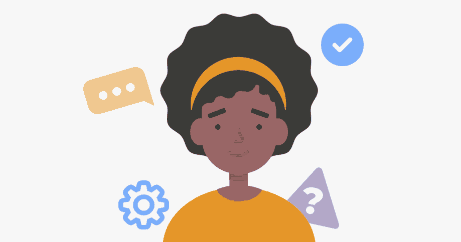 A mum with a smartphone and icons related to scams and security.