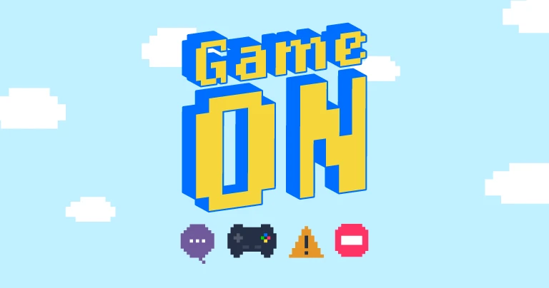 Text reads 'Game On' in an 8-bit style with icons related to online safety in the same style beneath.