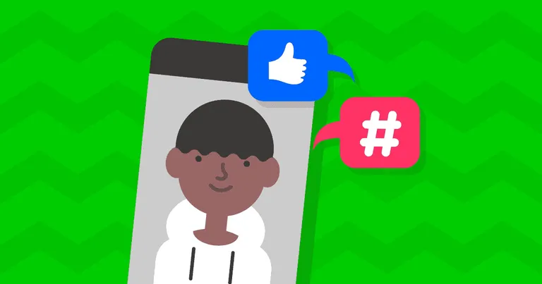 A smartphone screenshot with a teenager boy on its screen with the thumbs up and hashtag emojis next to it