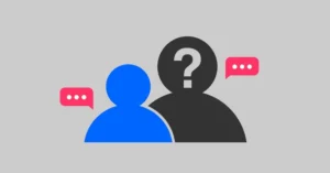Two avatar emojis with a question mark in one of them and with two conversation box emojis on both sides