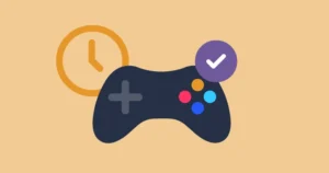 A video games controller with a clock icon and a purple tick.