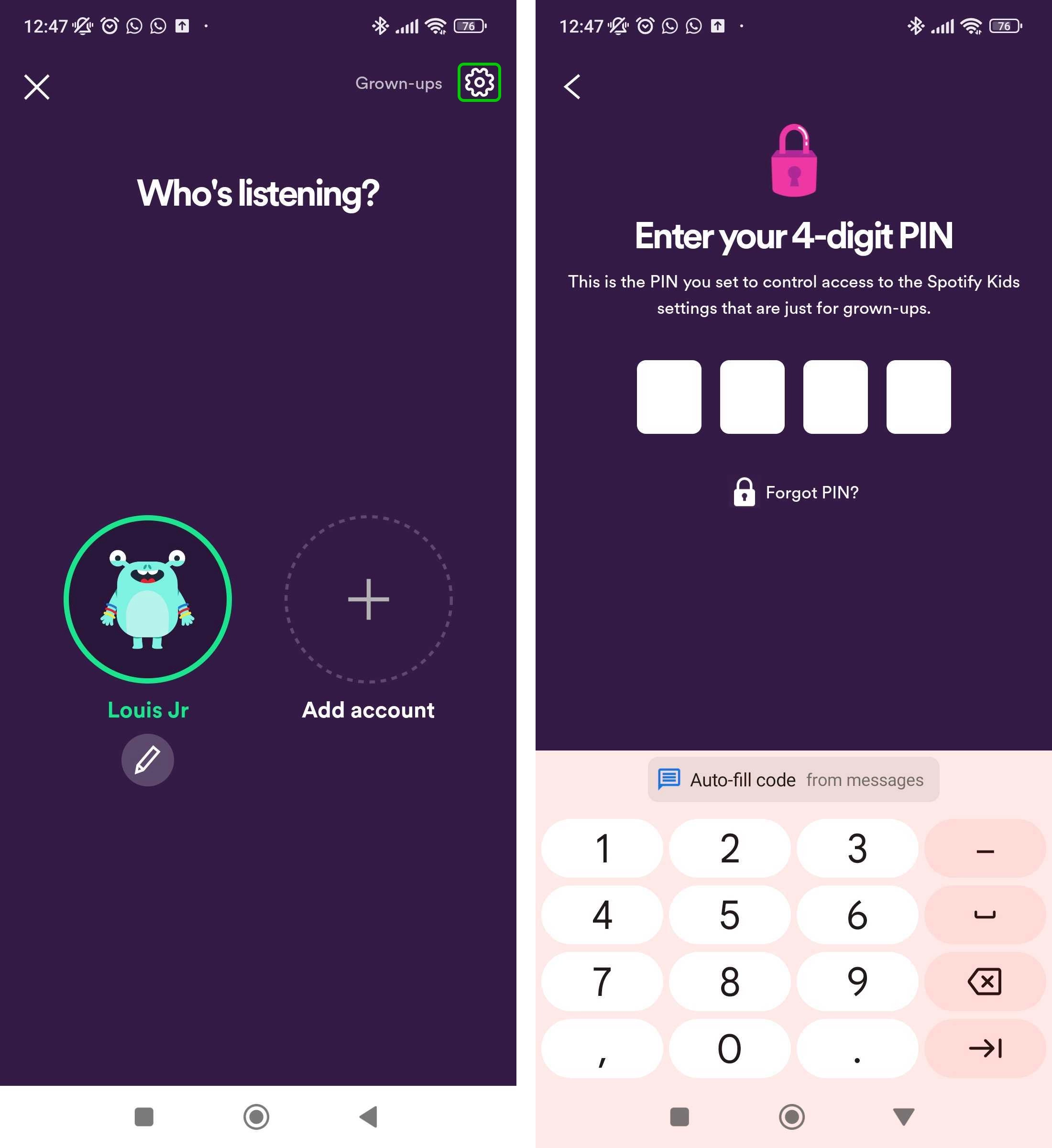 Spotify Kids profile and parental PIN