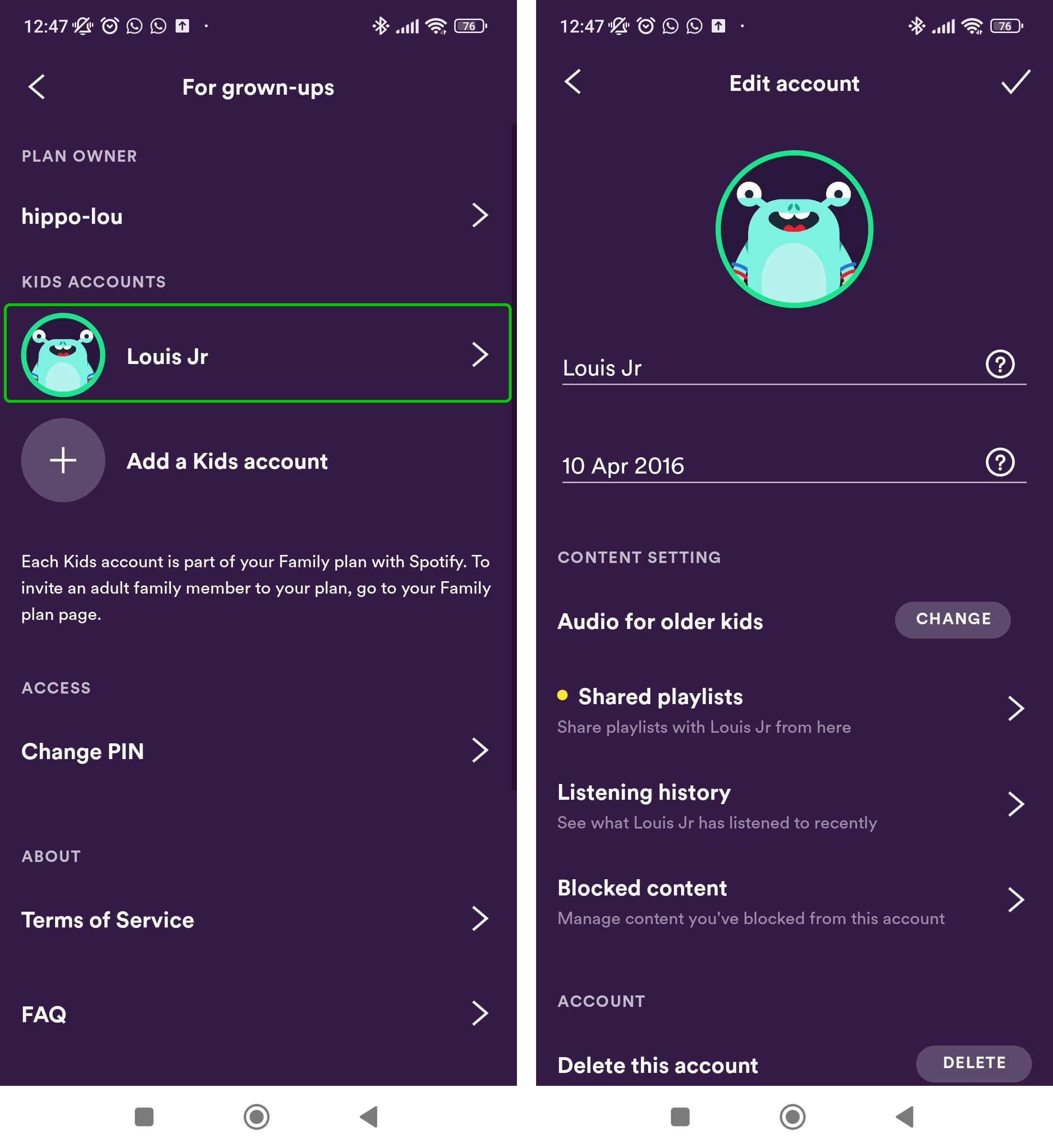 Spotify parent settings and child's account