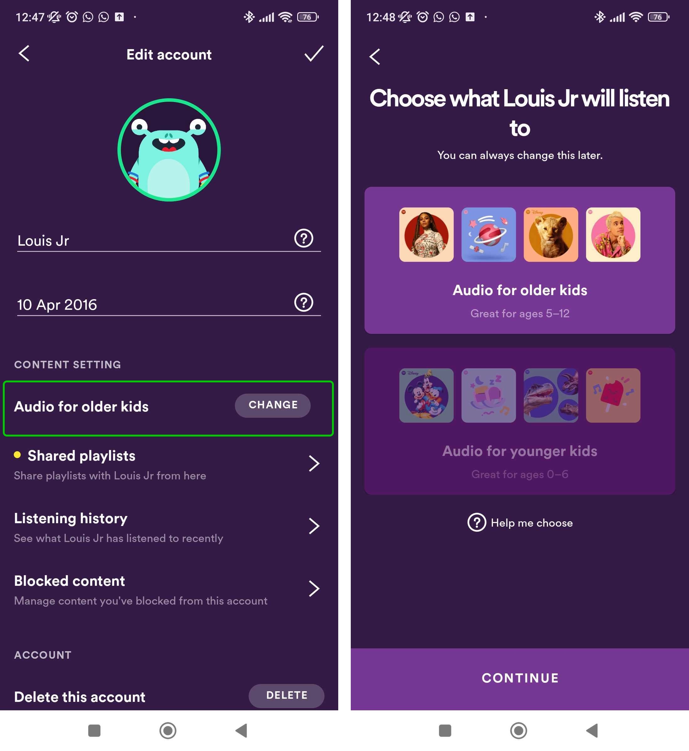 Edit account menu with Audio highlighted, and audio content level choice