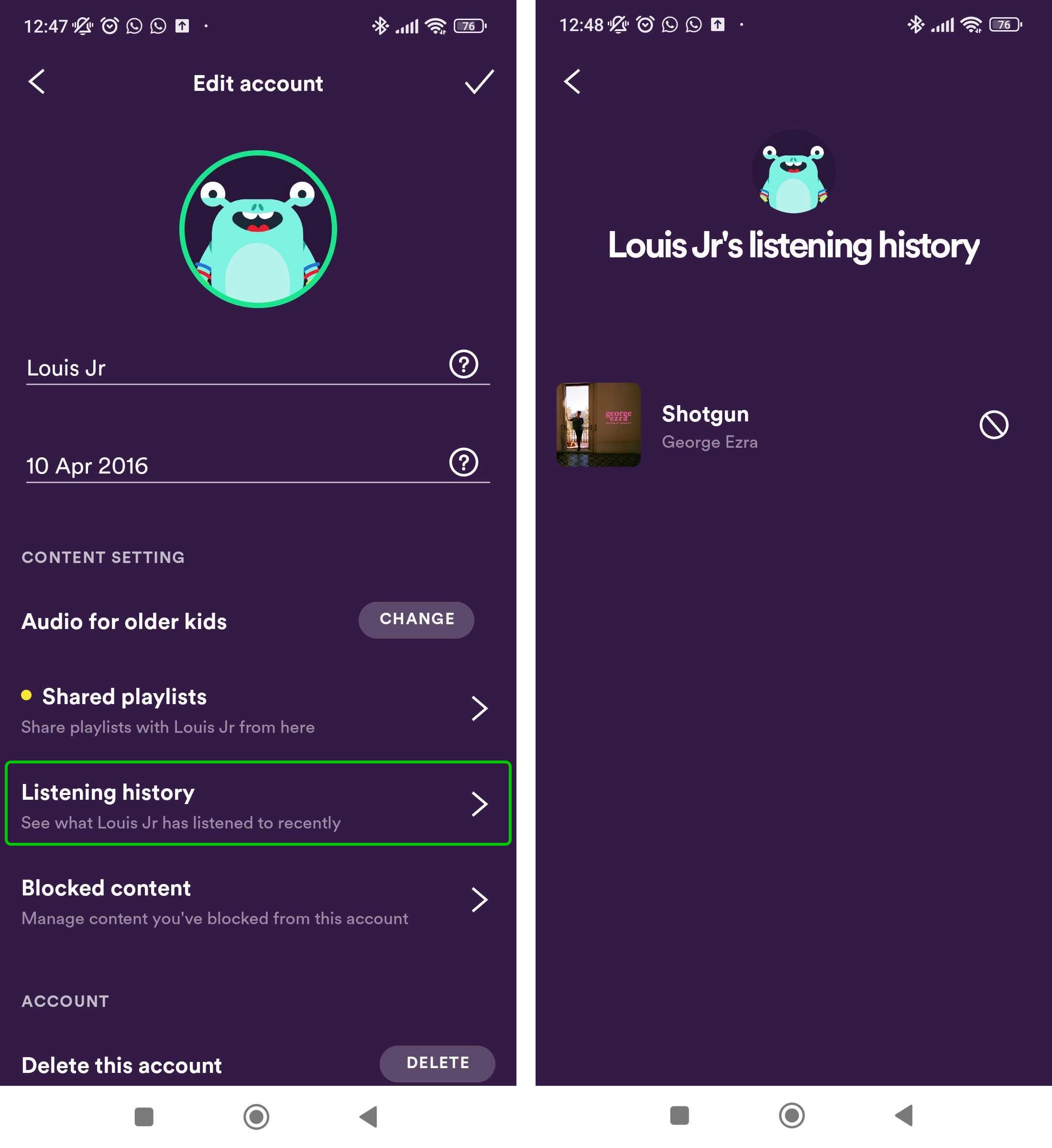 Edit account page and listening history page