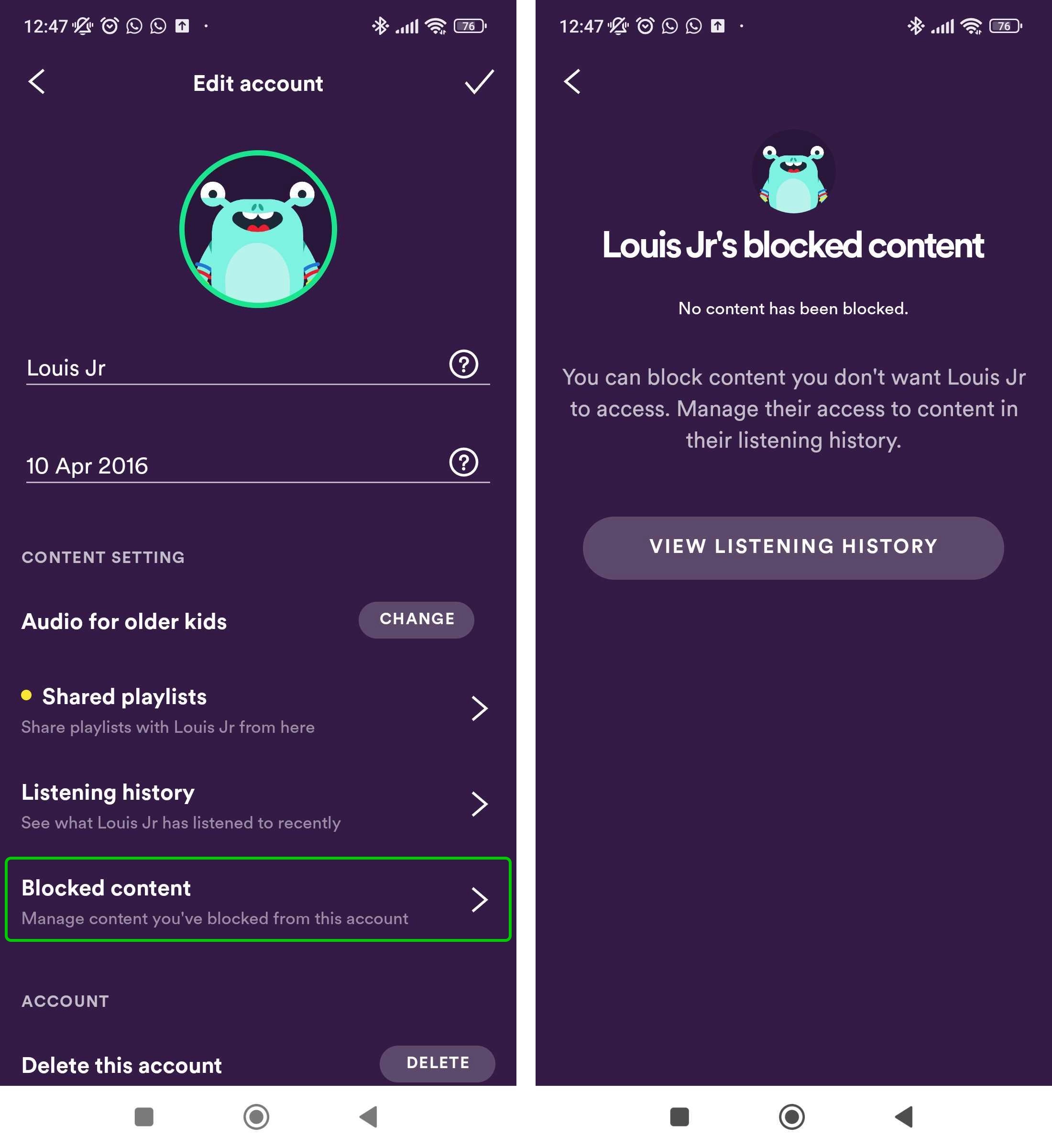 Edit account page and blocked content page