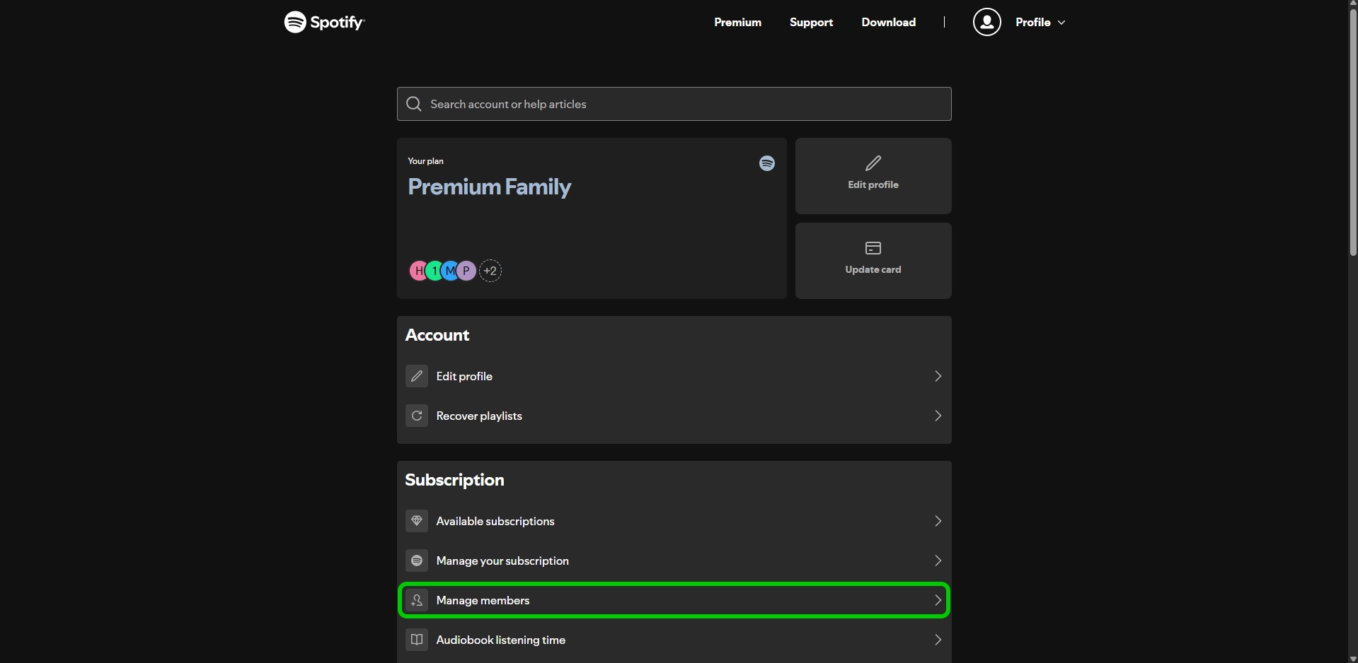 Spotify account settings with 'Manage Members' highlighted