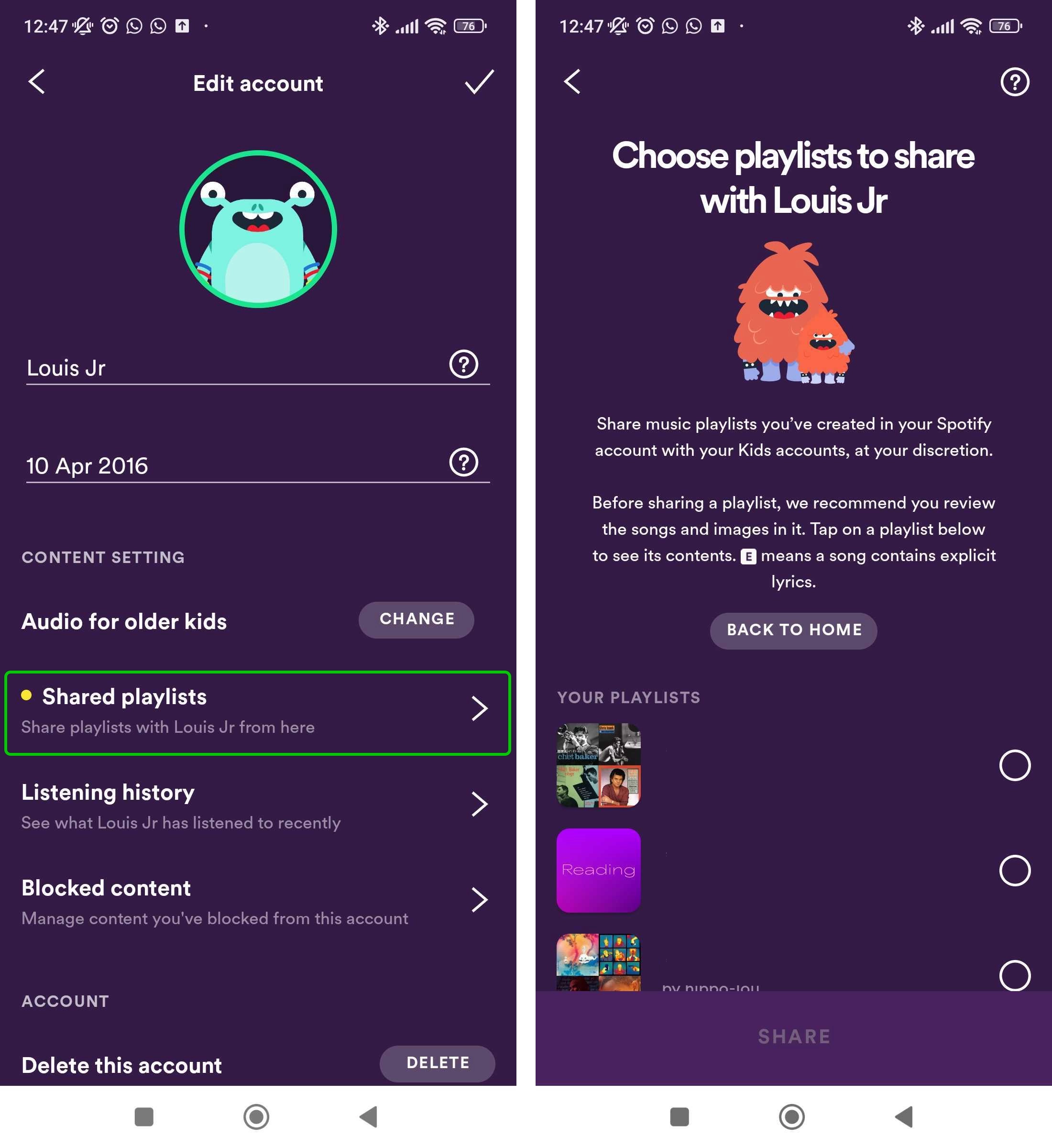 Spotify Kids edit account page and share playlist account