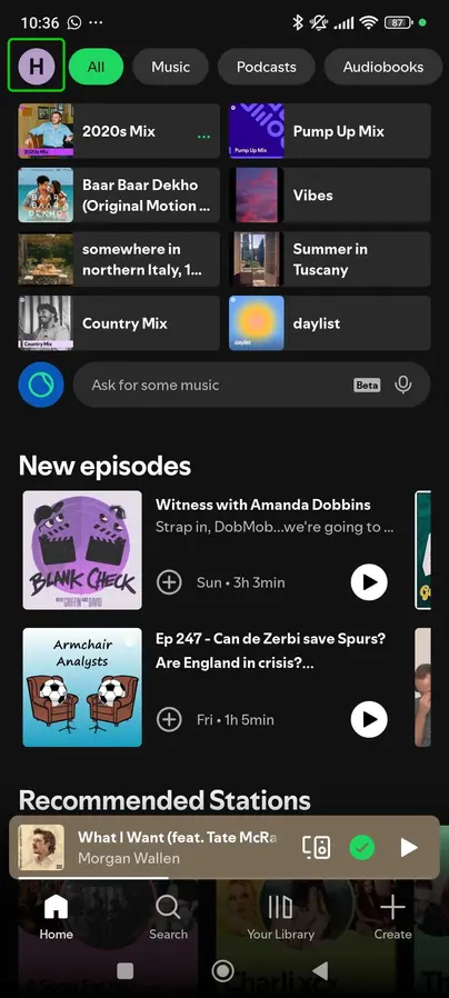 Spotify with profile highlighted