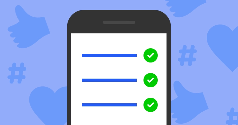 A graphic of a smartphone with green ticks on a background with social media icons.