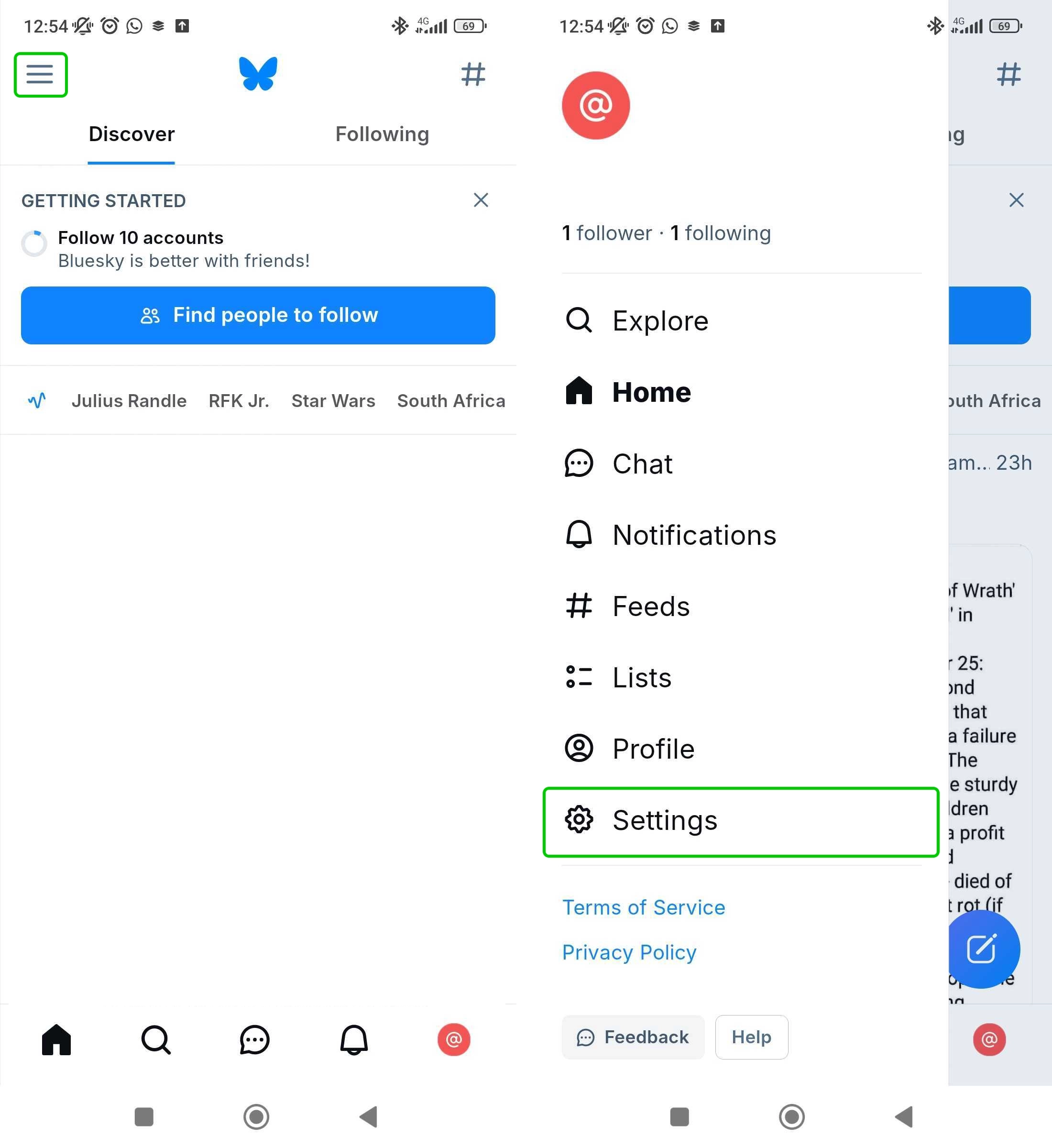 Bluesky hompage and menu