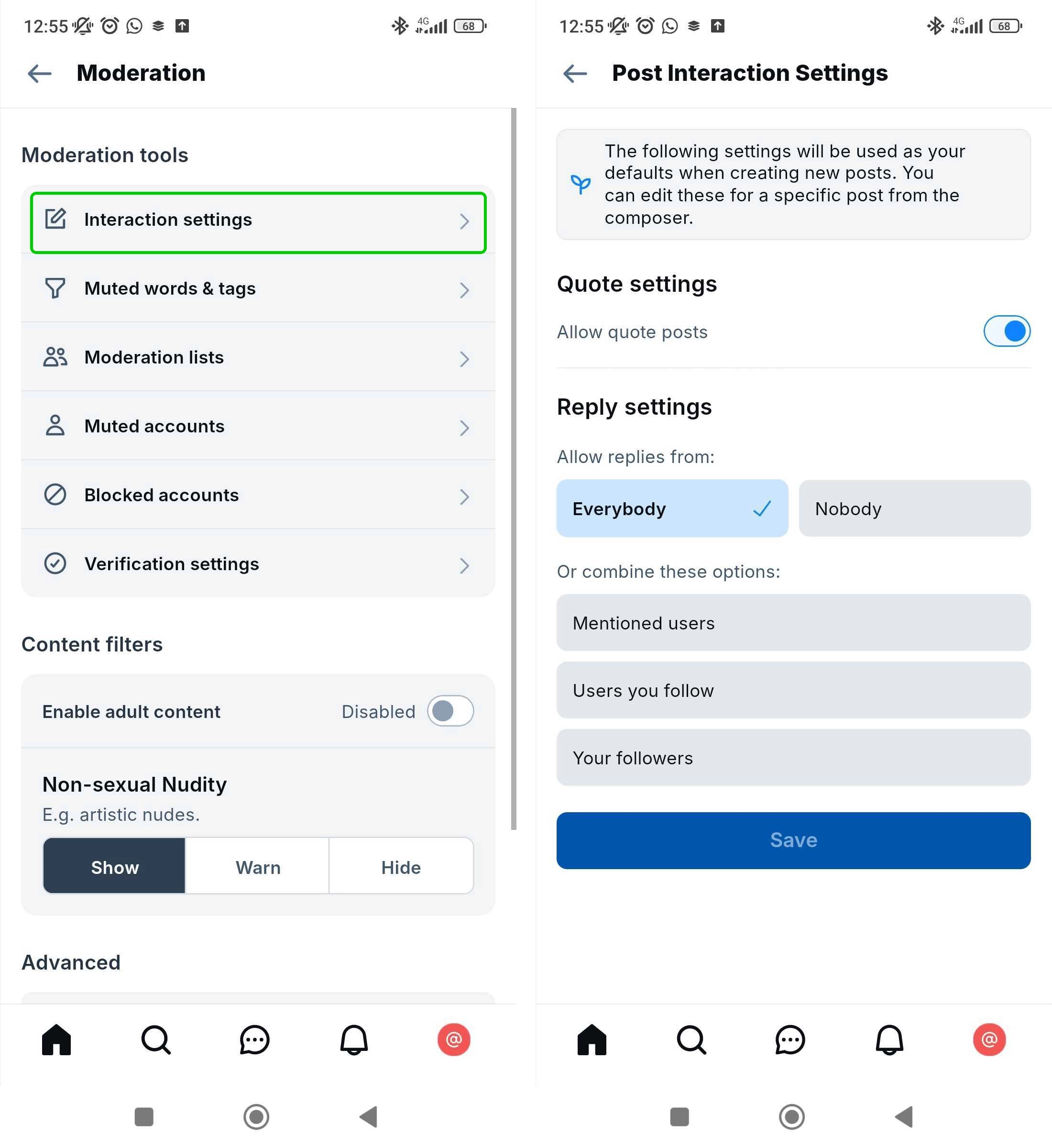 Bluesky Interaction settings