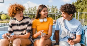 Three teens sit together outside, using their smartphones and smiling.