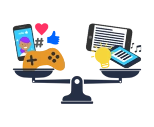 A weighing scale with icons around screen time activities balancing the scale on each side.