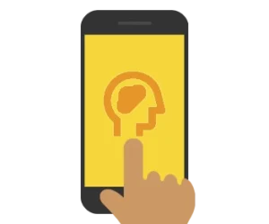 Smartphone with an icon of a brain and a hand tapping on the icon