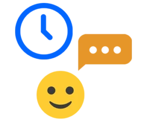 A happy emoji with a speech bubble and screen time clock icon.