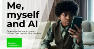 A boy uses a smartphone. Text reads 'My, myself and AI: Experts discuss how to protect children from the risks of AI chtabots.'