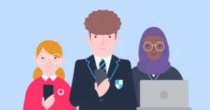 Three children of different ages use digital devices in school uniforms.