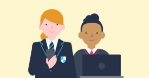 Two children using devices, one in a secondary school uniform and one in a primary school uniform.