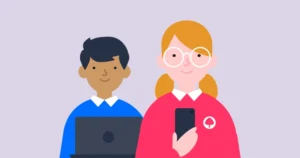 Two primary school aged children use devices in primary school uniform.