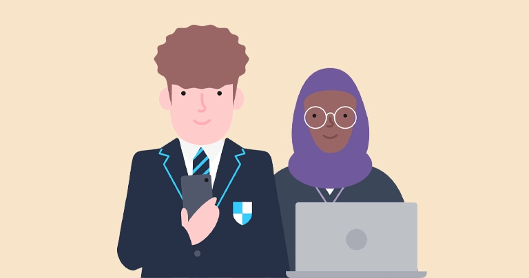 Two teens use devices in secondary school uniform.