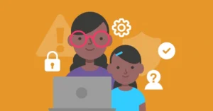 A mother and a child looking at a laptop screen with security warning icons around them.