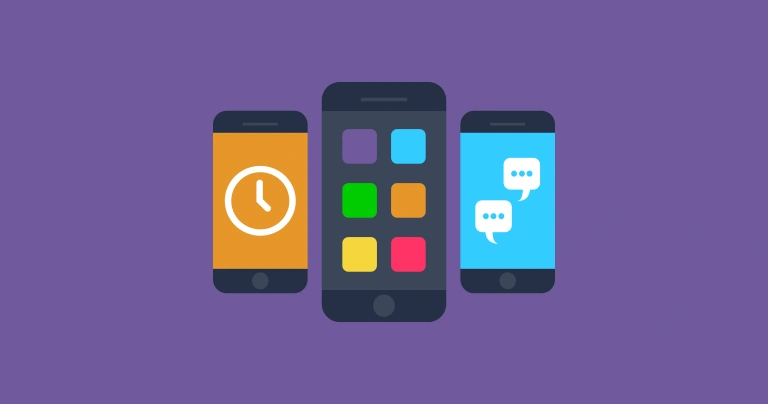 Three smartphones with app and screen time symbols.