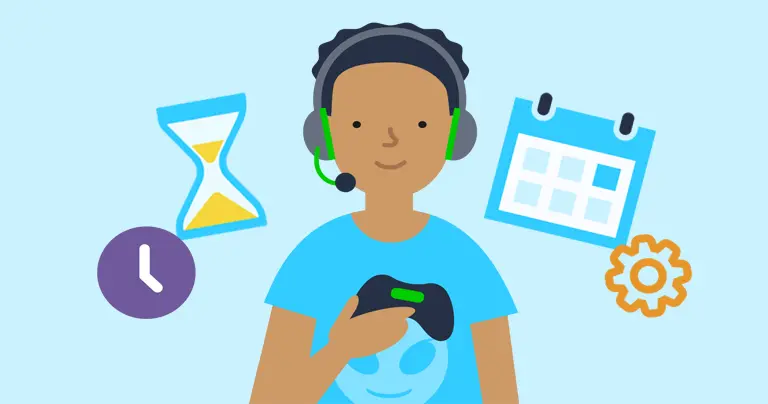 A child with a headset, video game controller and screen time icons.