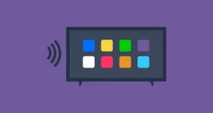 Illustration of a smart TV screen displaying app icons, with a wireless signal symbol.