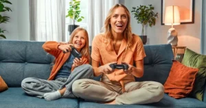 A mum and child play video games together.