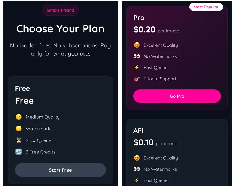 Captura de pantalla de los planes de cuenta de la herramienta nudifying.