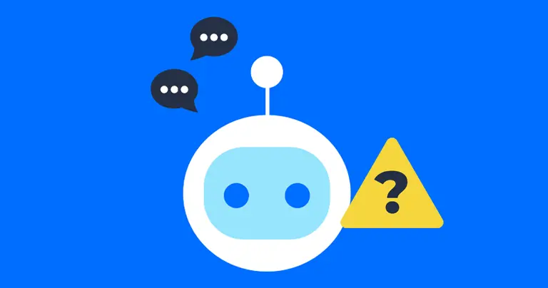 A robot with chat icons and a warning symbol with a question mark.