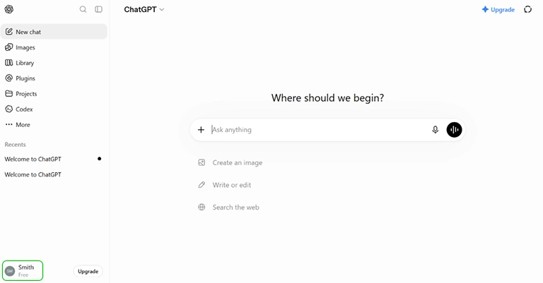 ChatGPT site with profile highlighted