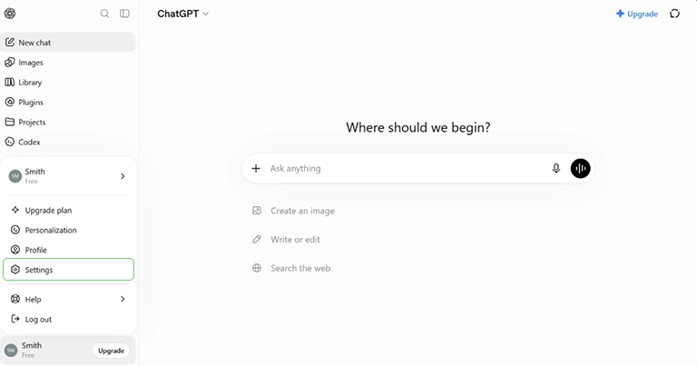 ChatGPT with settings highlighted