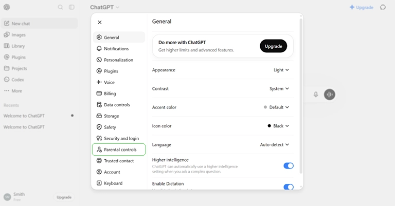 ChatGPT settings with parental controls highlighted