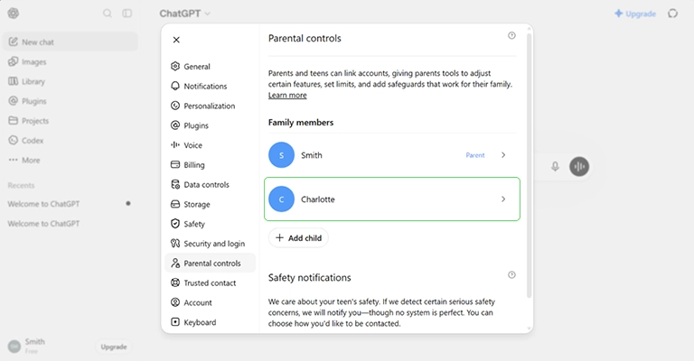 ChatGPT parental controls select child
