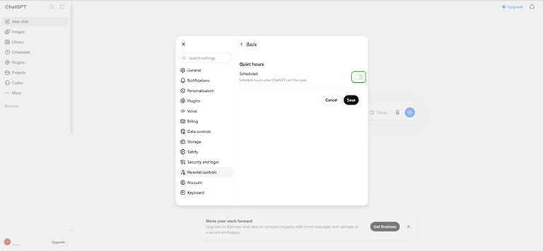 ChatGPT quiet hours toggle
