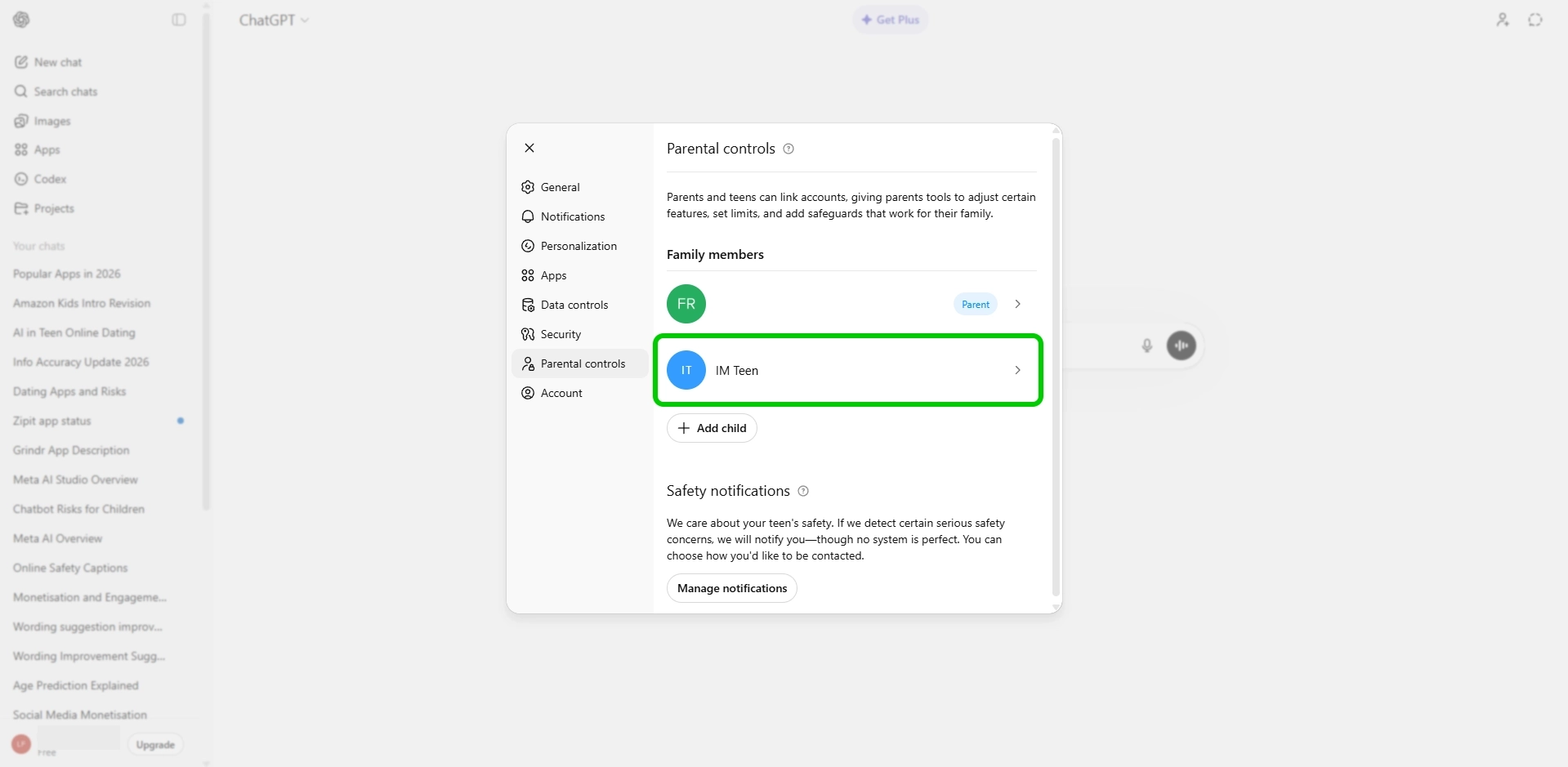 ChatGPT parental controls selecting child account