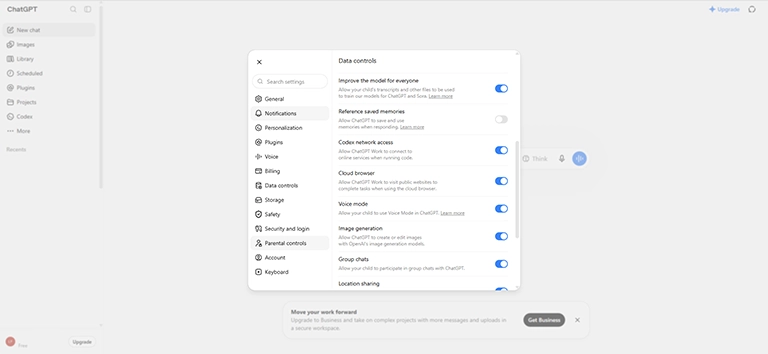 ChatGPT parental controls toggles
