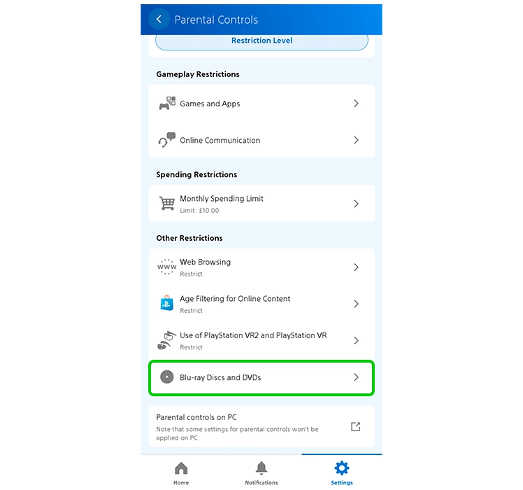 Capture d'écran du menu de contrôle parental de l'application PlayStation Family.
