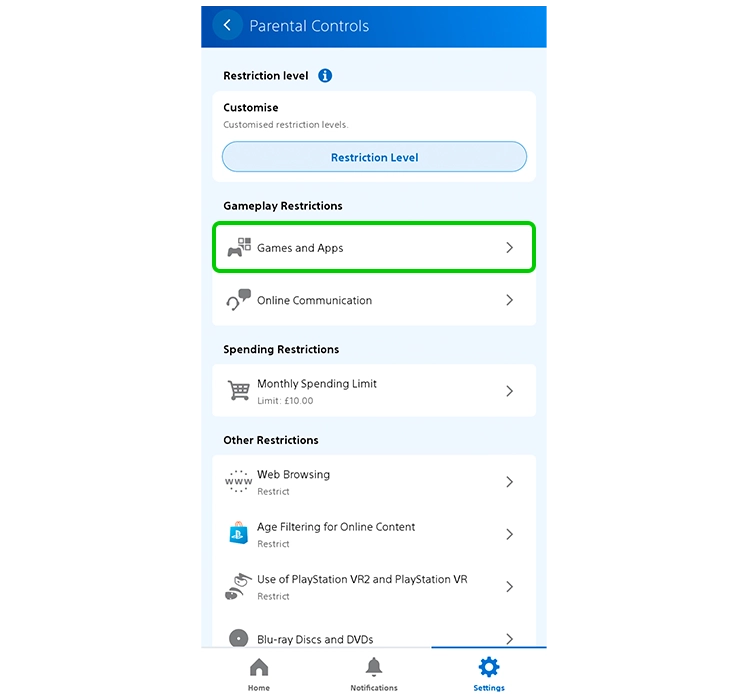 Capture d'écran du menu de contrôle parental de l'application PlayStation Family.