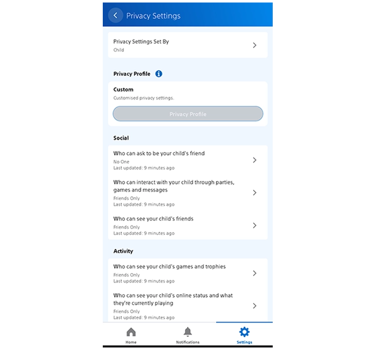 Capture d'écran des paramètres de confidentialité de l'application PlayStation Family.