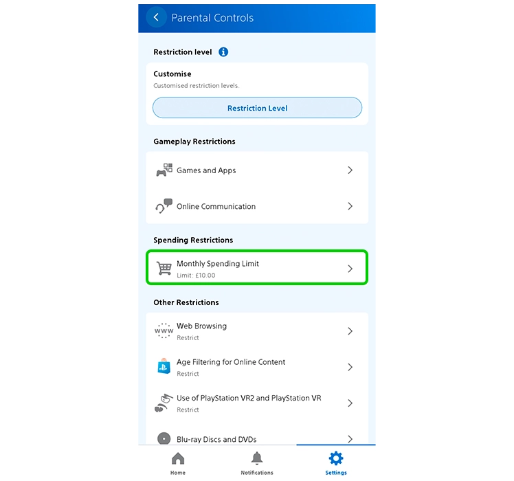 Capture d'écran du menu de contrôle parental de l'application PlayStation Family.