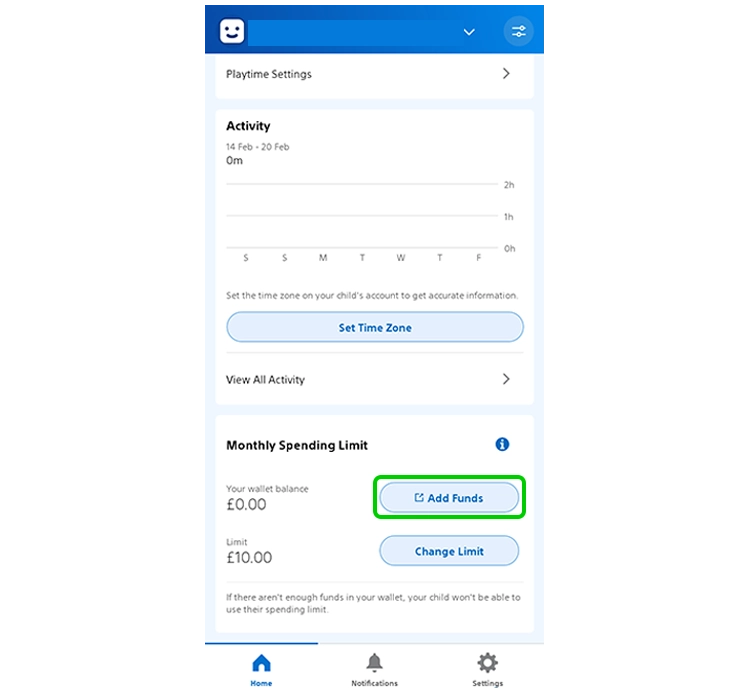 Capture d'écran de l'application PlayStation Family&nbsp;: ajout de fonds.