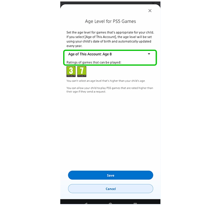 Capture d'écran de l'application PlayStation Family concernant le niveau d'âge.
