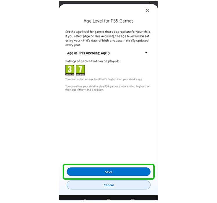 Capture d'écran de l'application PlayStation Family enregistrant le niveau d'âge.