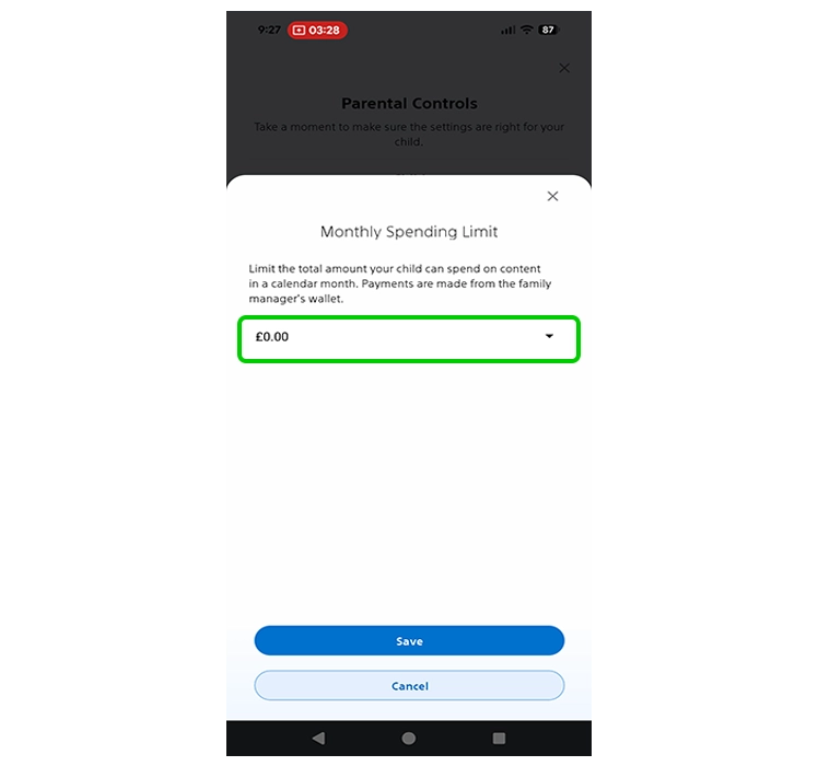 Capture d'écran de l'application PlayStation Family montrant le choix de la limite de dépenses.